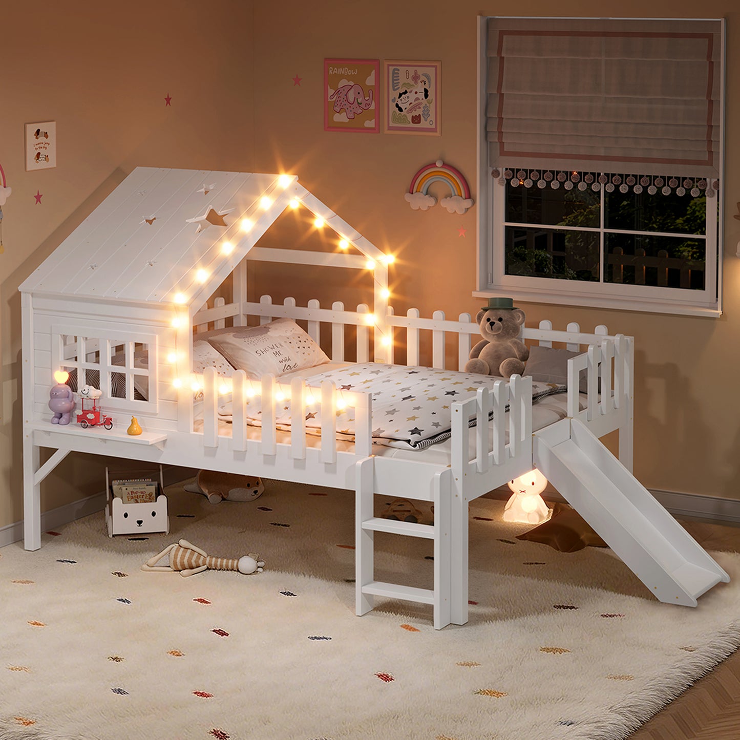 Full Size House Loft Bed with Slide & LED Lights - White