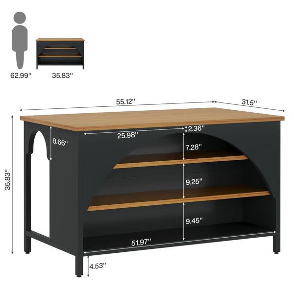 Kitchen Island with Storage - 3 Open Shelves, 55" Tabletop