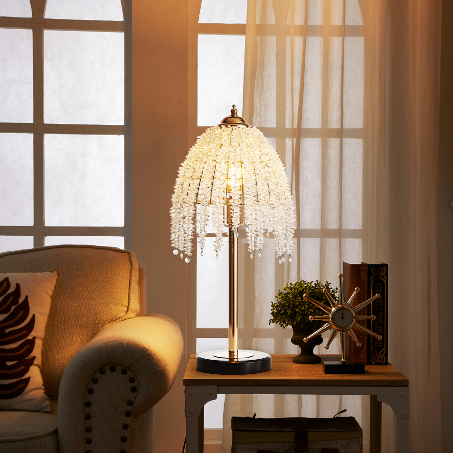 Elegant 19" Crystal Table Lamp - Vintage Waterfall Design, Gold