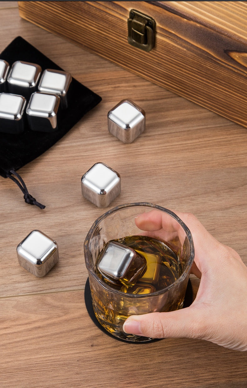 Stainless Steel Wooden Ice Cube Box Set with Cups and Accessories