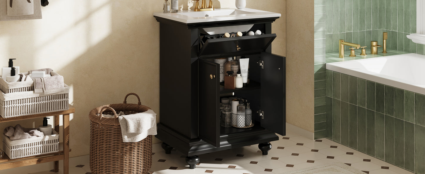 24" Black Modern Bathroom Vanity with Tip-Out Drawer & Soft-Close Hinges