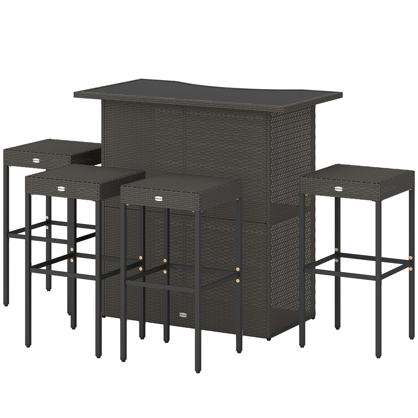 5-Piece Rattan Wicker Bar Set with Glass Table & 4 Stools - Dark Brown
