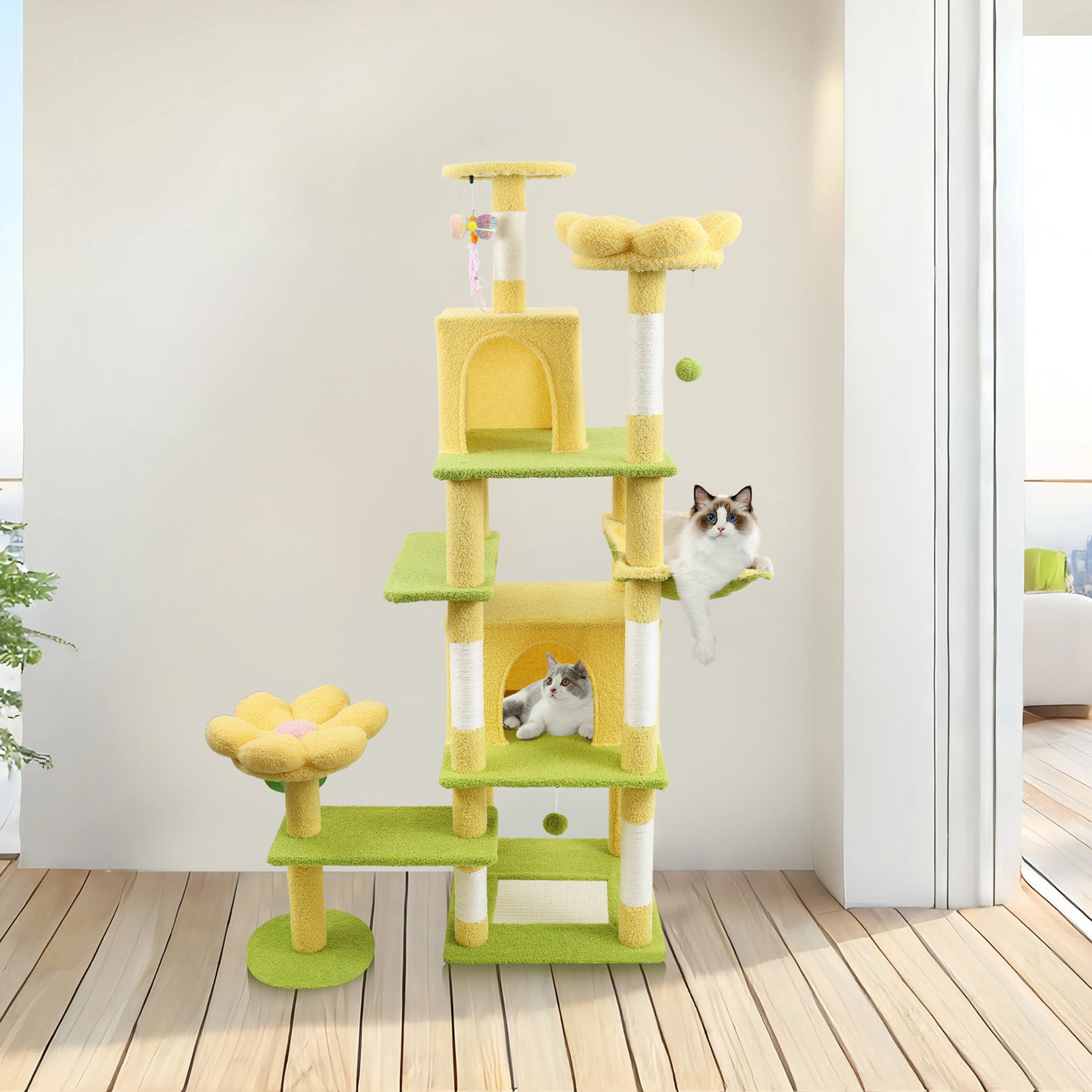 72-Inch Flower Cat Tree with Large Condo, Removable Flower Cushion & Hammock - Yellow