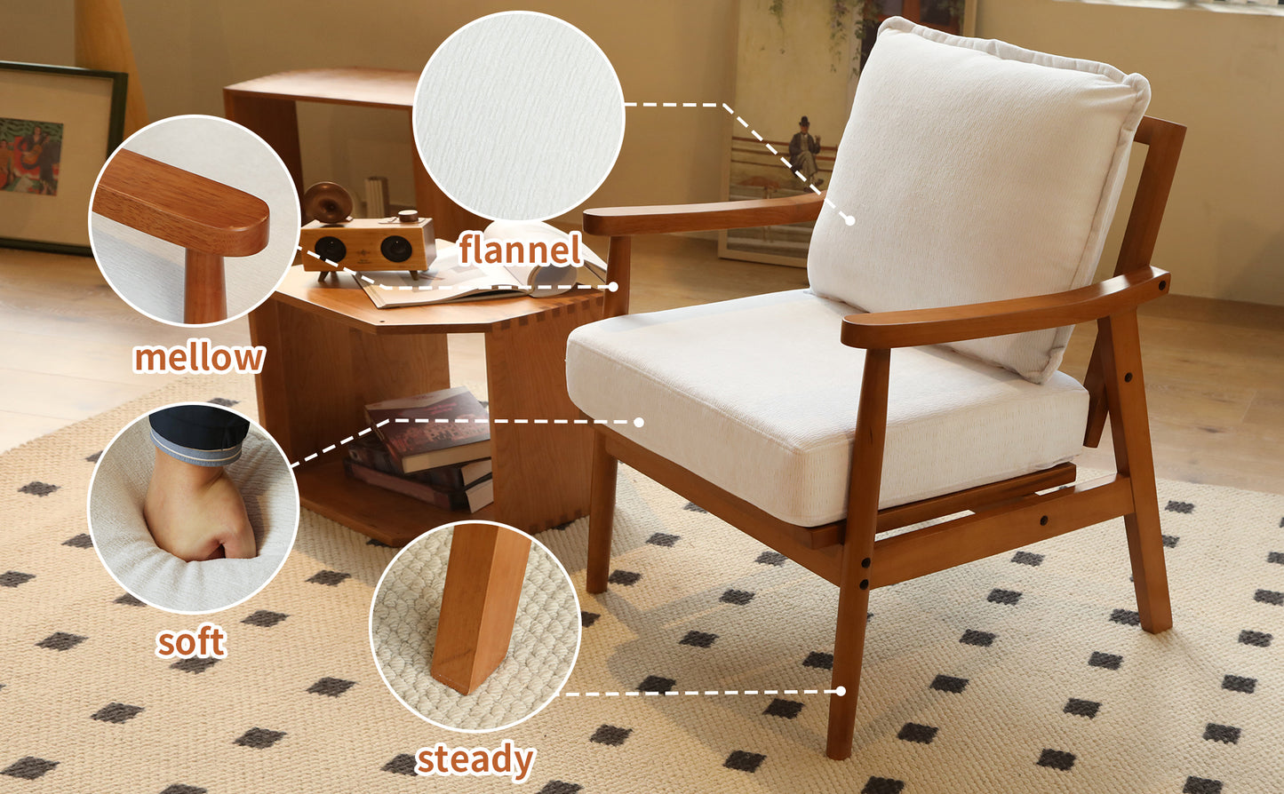 Accent Chair with Solid Wood Frame - White Fabric Cushion