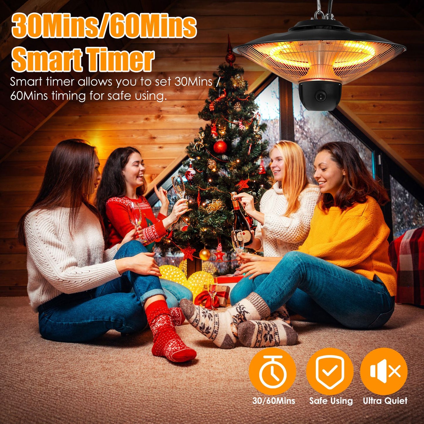 1500W Outdoor Ceiling Mount Patio Heater IP23 Waterproof with Remote & Timer - Black