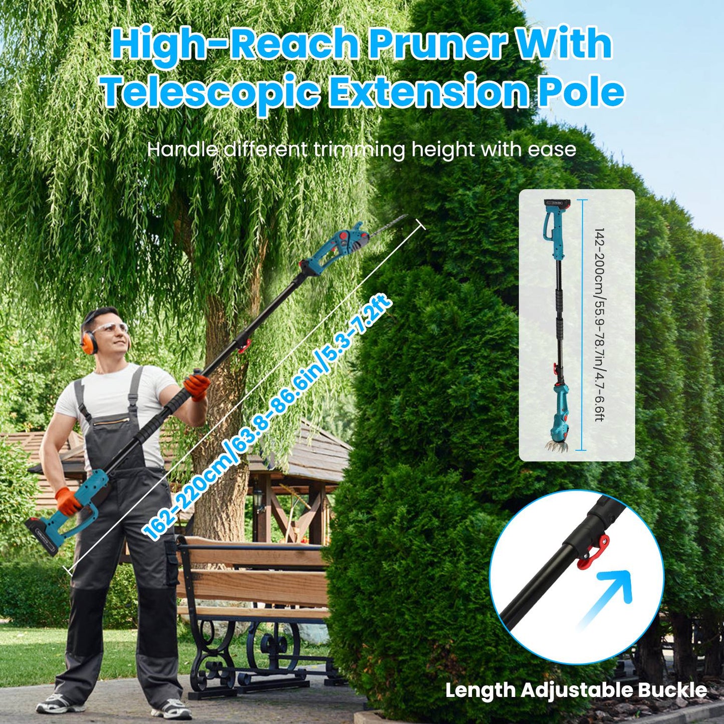 Cordless Multi-Function Hedge Trimmer with Telescopic Pole & Batteries - Blue