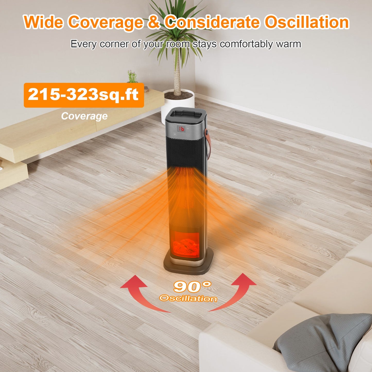 1500W Oscillating Space Heater with 3D Flame Effect, Remote, Timer, Black