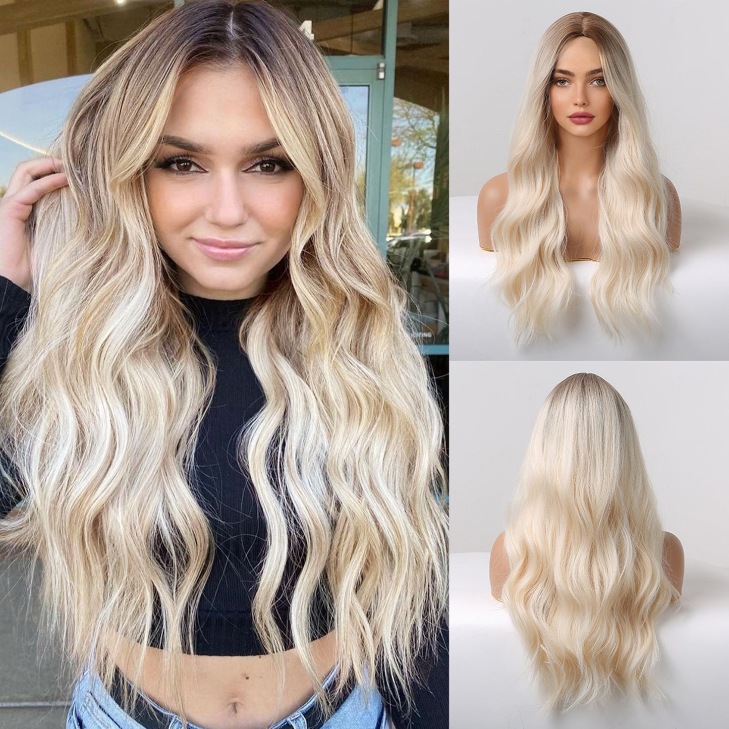 Long Blonde Curly Synthetic Wig - Soft Natural Wave Hairpiece