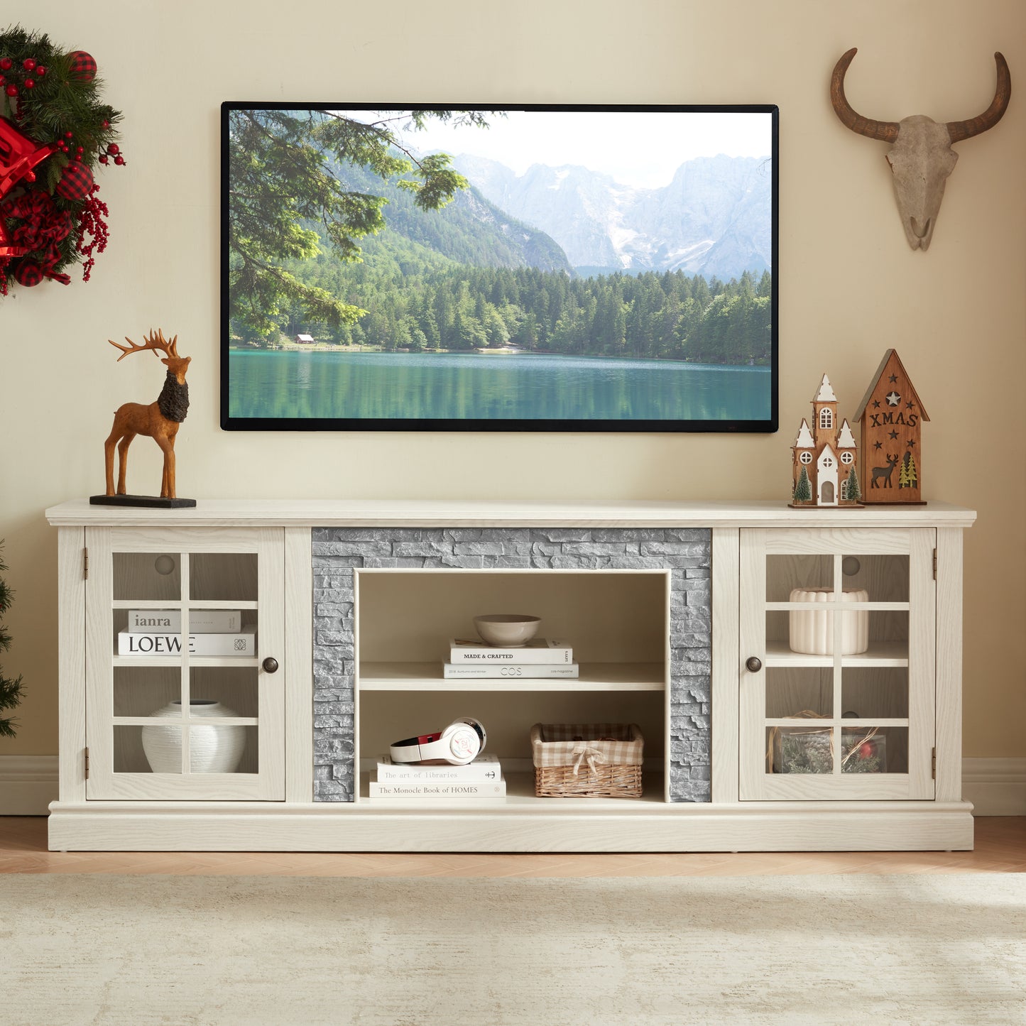 70 Modern TV Stand With 2-Door Storage, Faux Stone Media Console