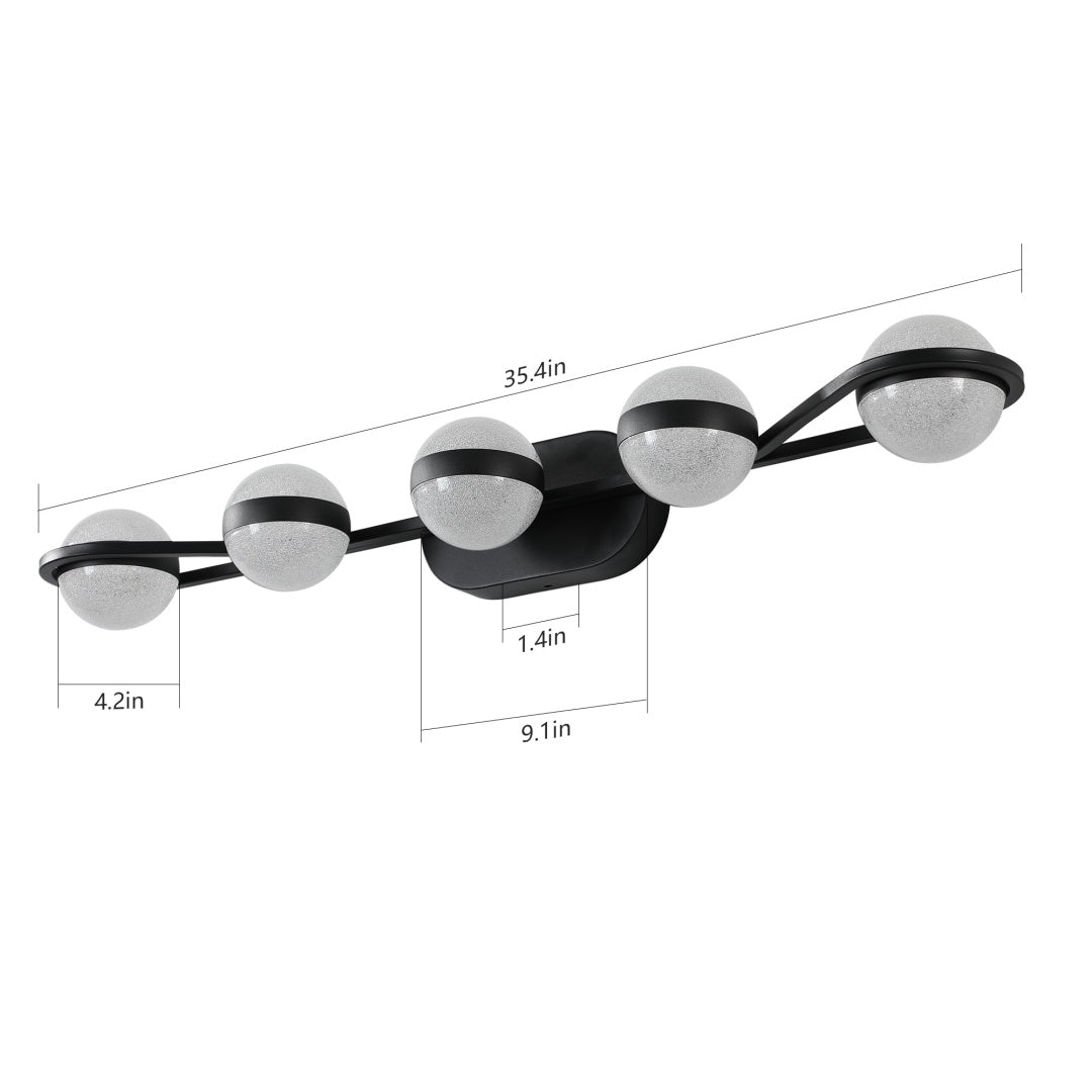 Modern Black 5-Bulb Bathroom Vanity Light with Frosted Glass Shades