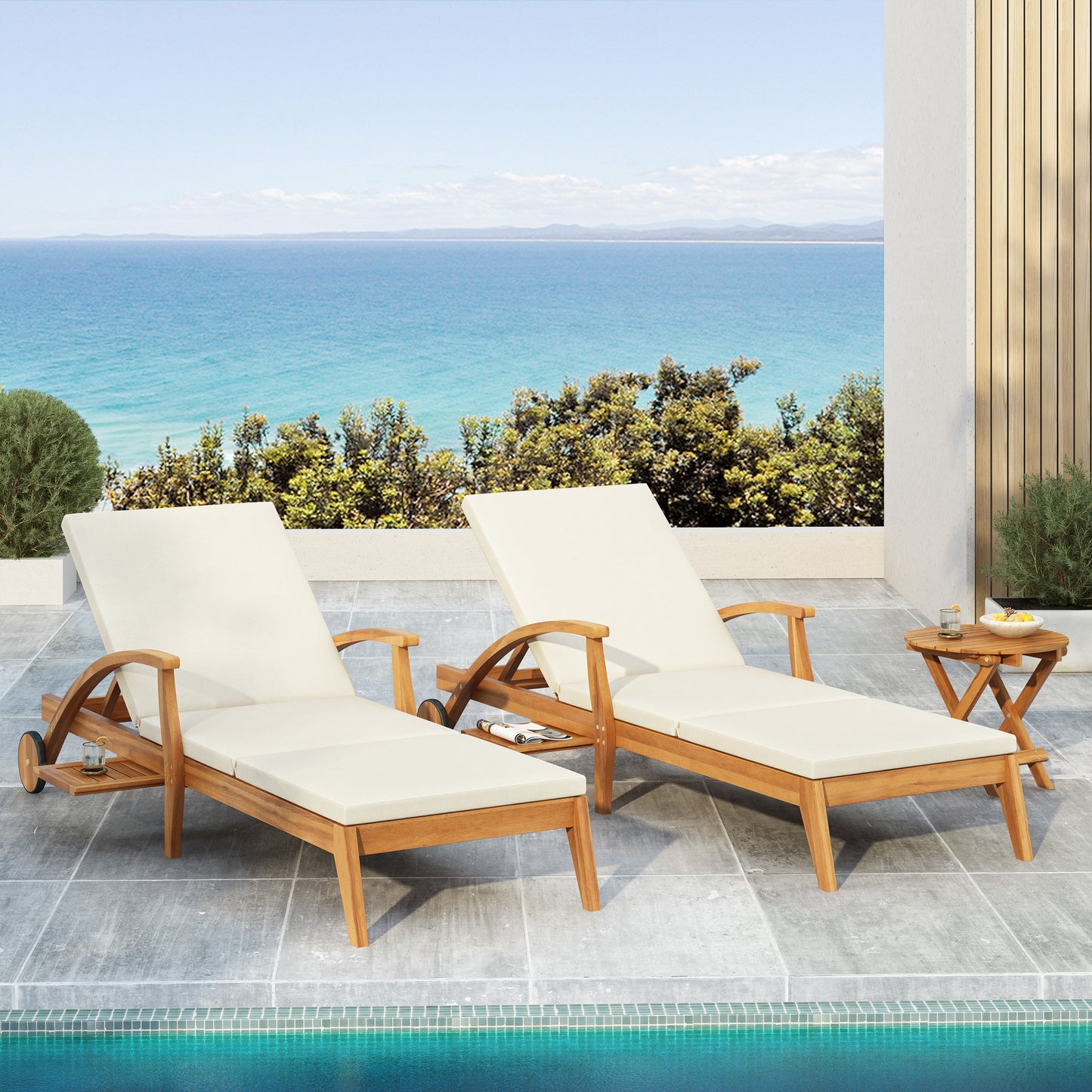 CHAISE LOUNGE WITH WHEEL - ACACIA WOOD RECLINER FOR PATIO GARDEN,