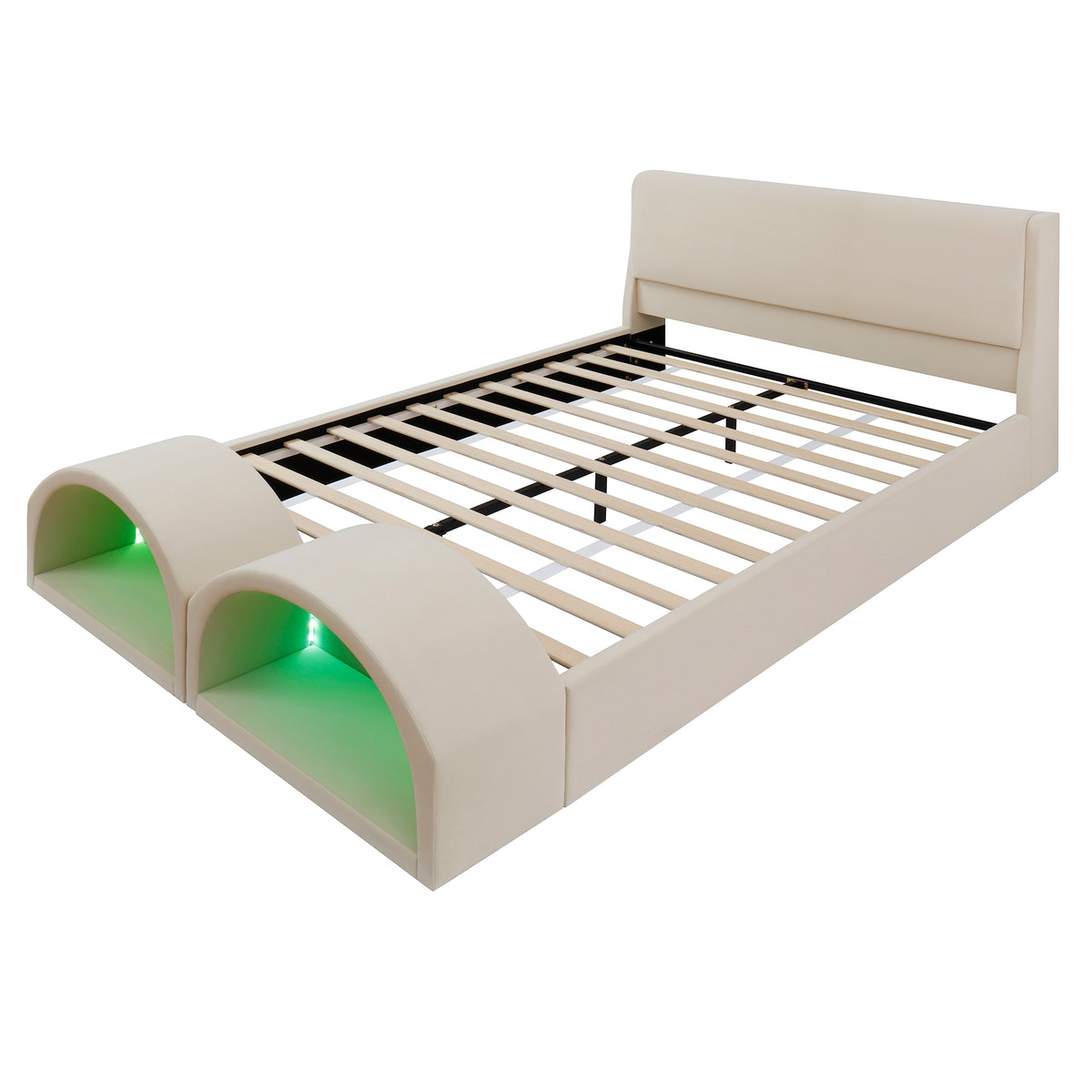 Queen Size Upholstered Platform Bed Frame with Dual Cat Caves & LED Pet Nests - Beige