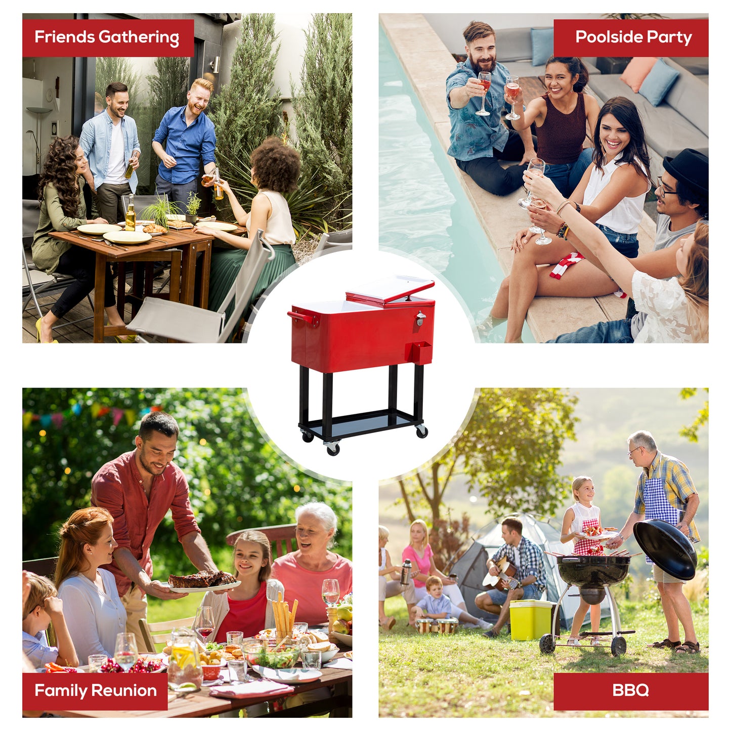 80 QT Rolling Cooler Cart with Wheels - Red Outdoor Drink Cooler