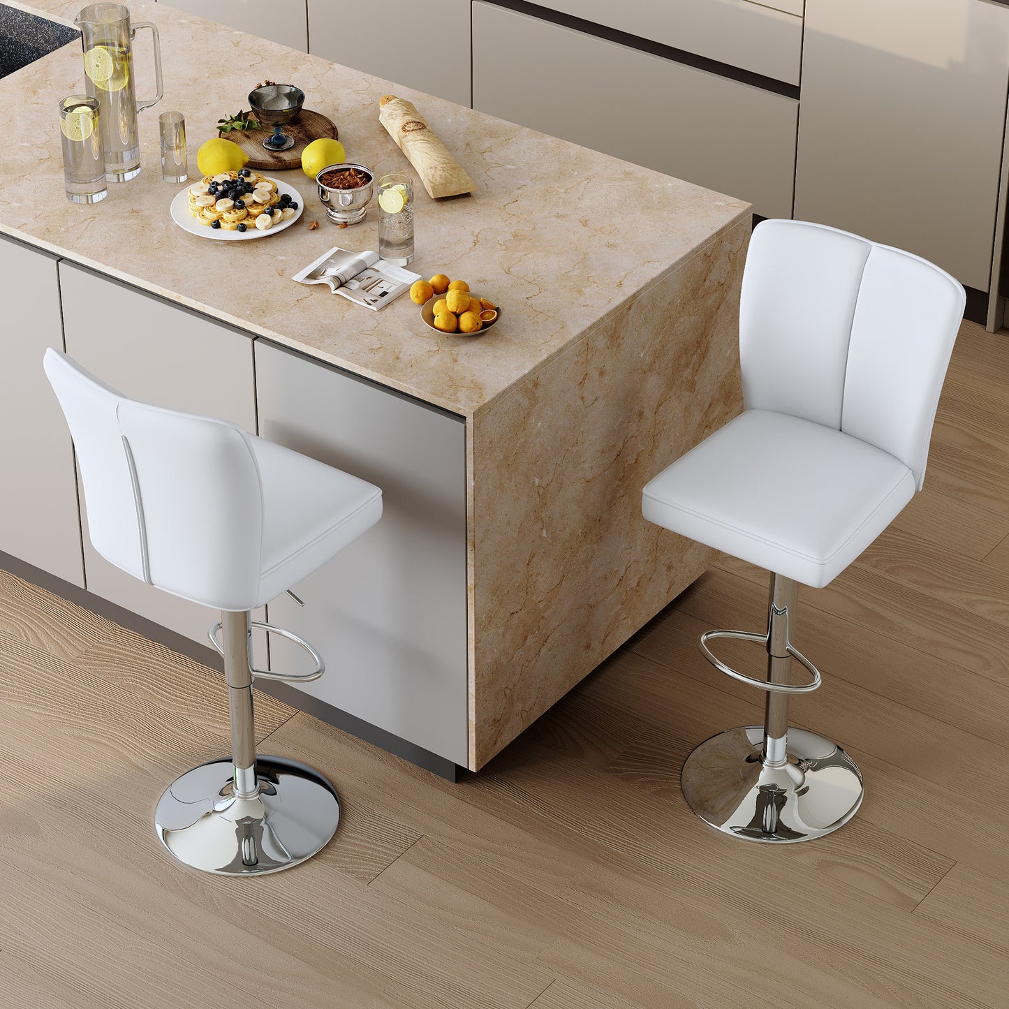 Modern White PU Bar Stool Set - 2-Piece, Featuring Vertical And