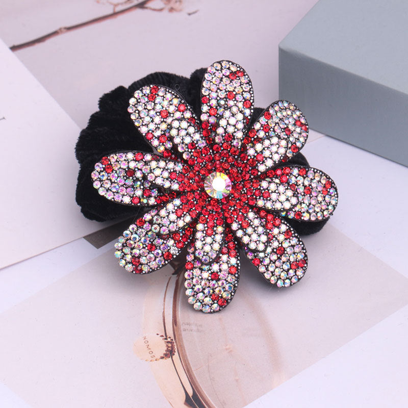 Ethnic Fabric Flower Hair Ring with Rhinestones