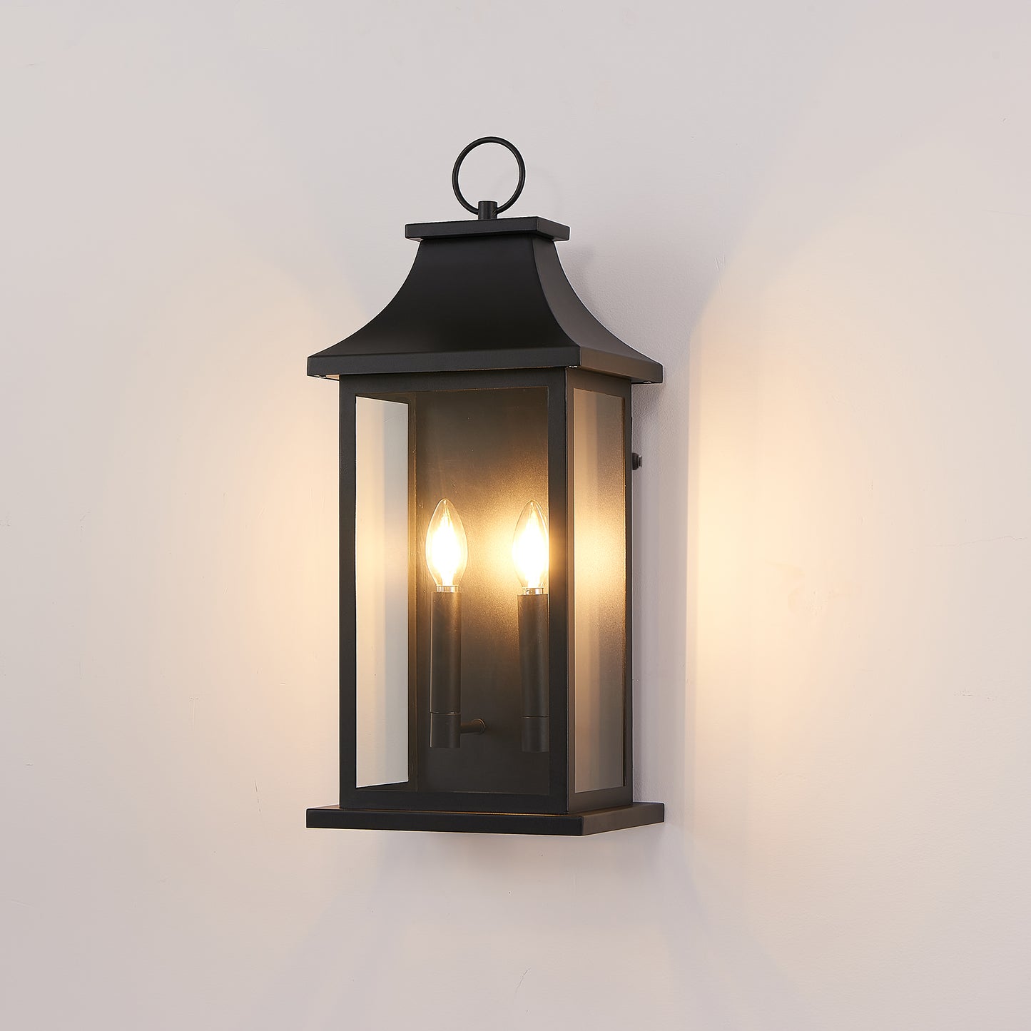 Large Outdoor Wall Lantern with Dusk to Dawn Sensor - Black Metal Sconce for Porch & House