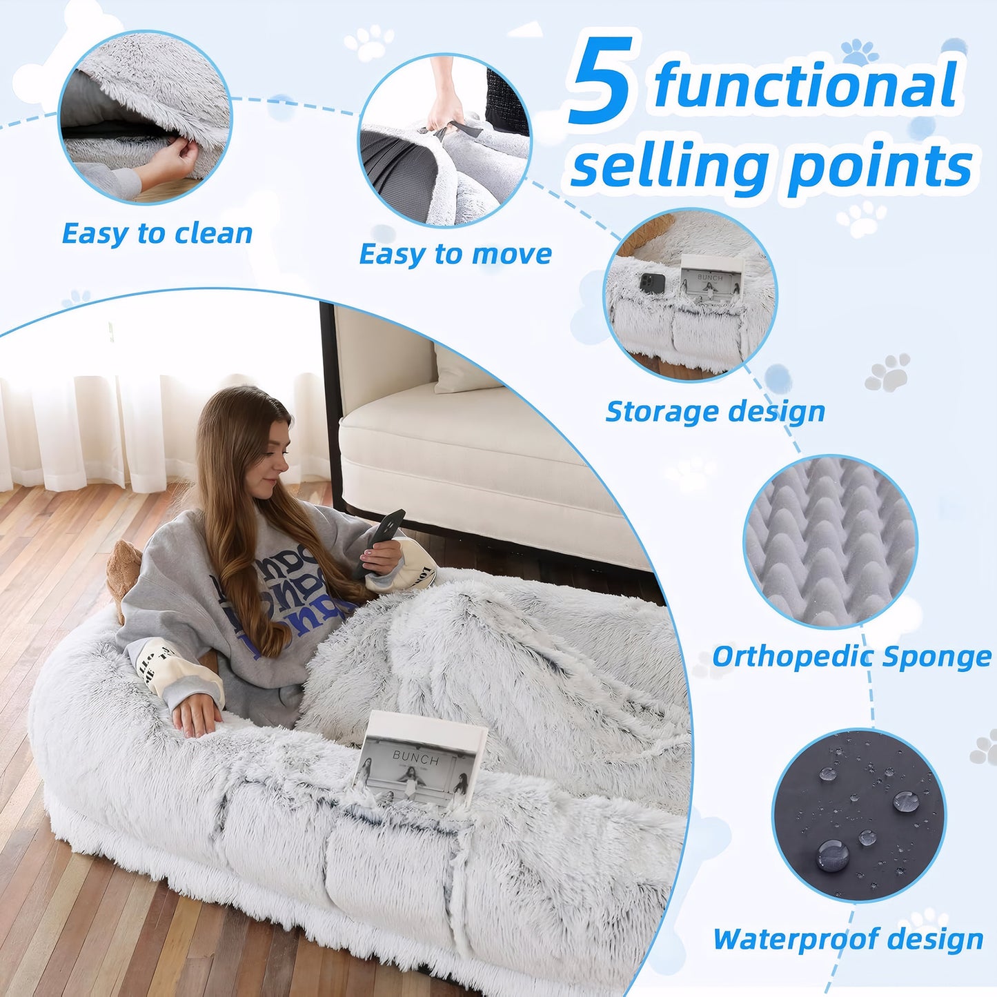 Large Human Dog Bed - Washable Faux Fur Napping Orthopedic Bed for People and Pets, 71x45x14 Grey