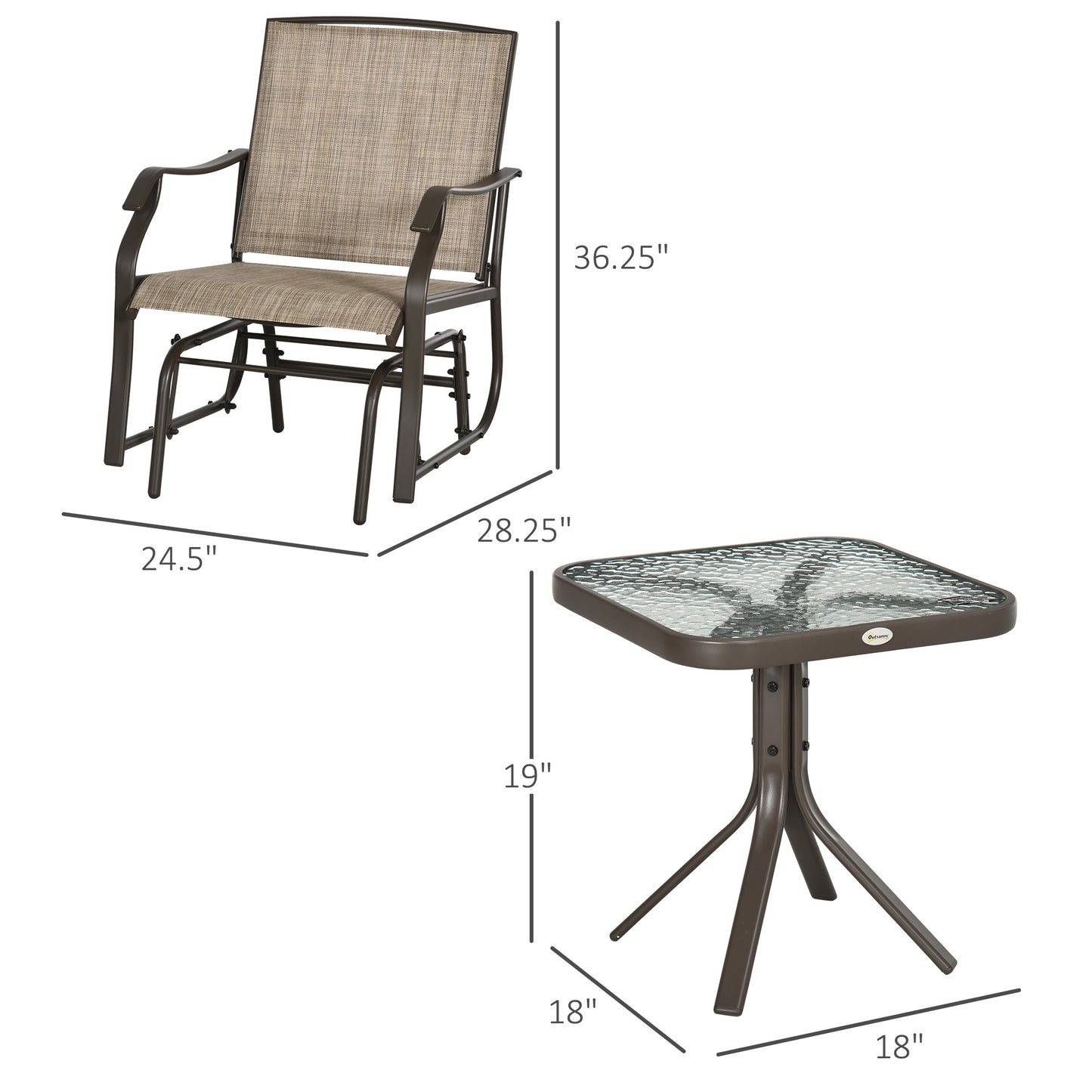 3-Piece Outdoor Glider Chair Set with Glass Table - Brown