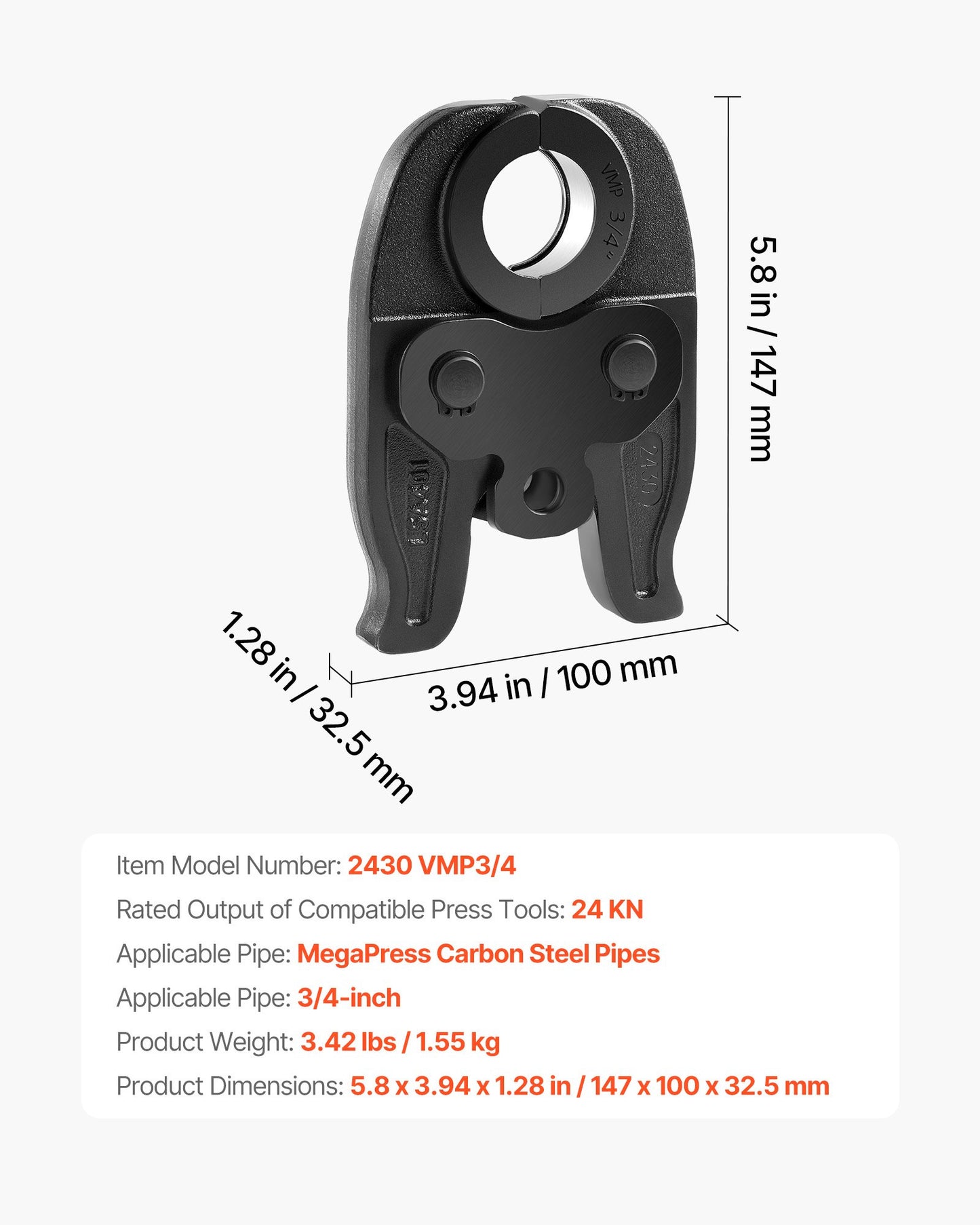 3/4 Inch Heavy-Duty Pressing Jaw for Compact Press Tools - Carbon Steel, Black