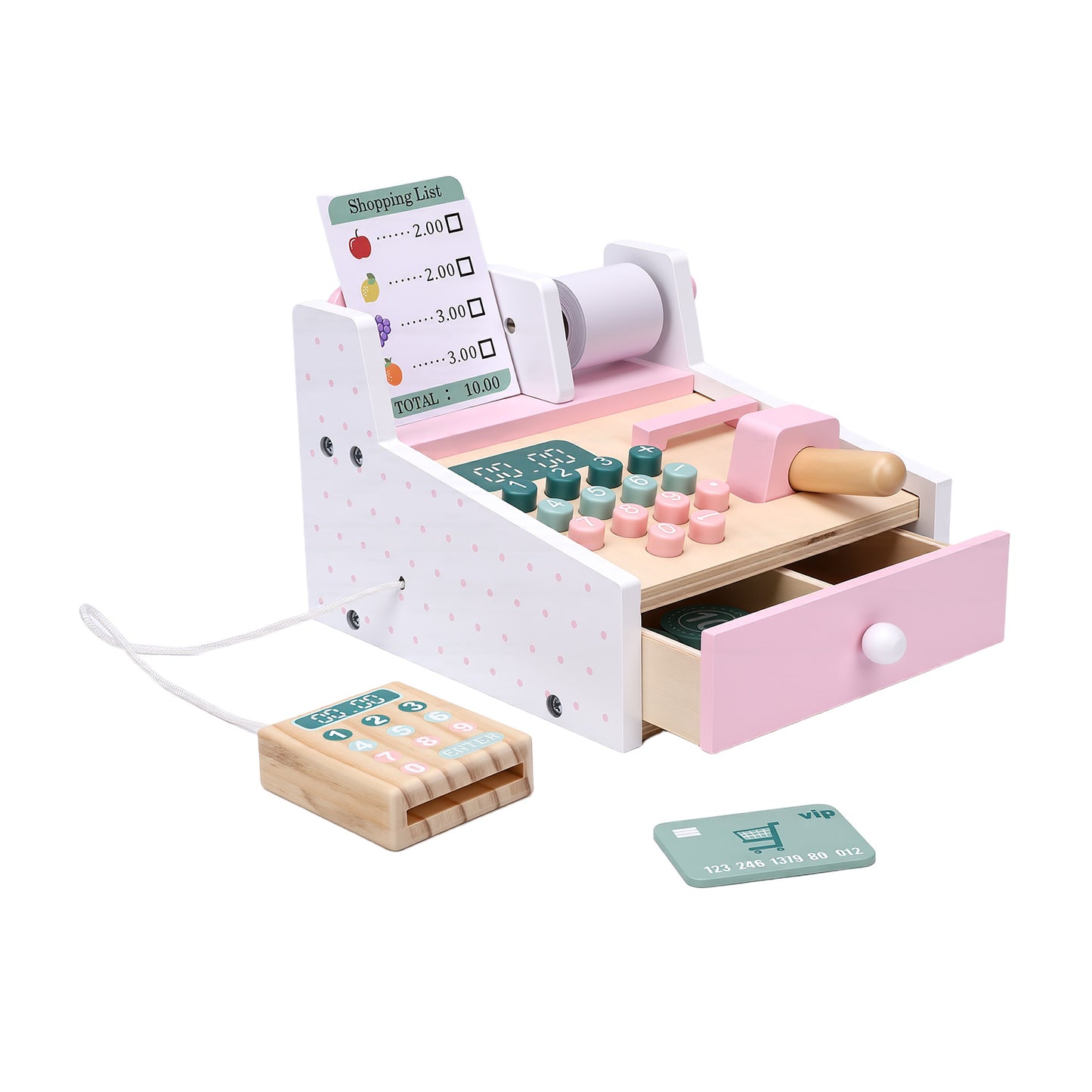 Wooden Toy Cash Register With Scanner Math Learning Role Play Cashier