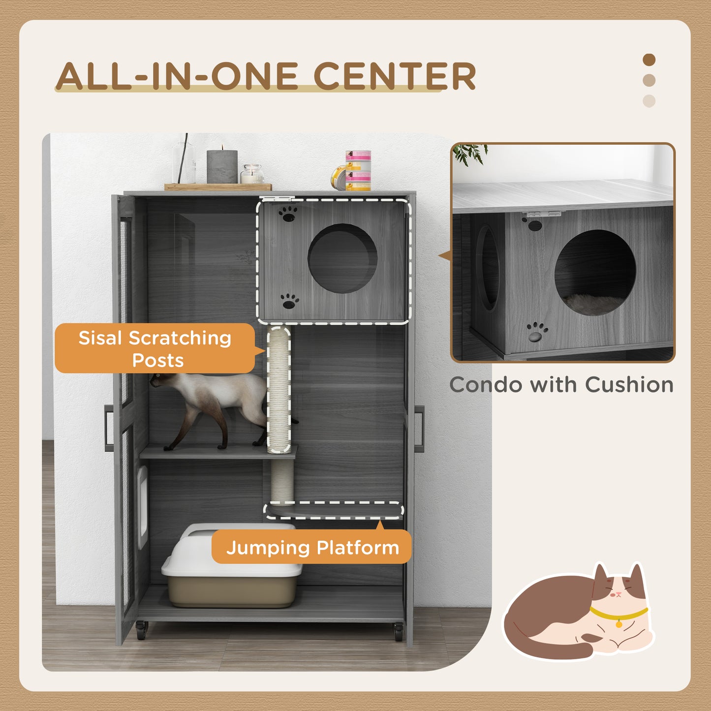 Cat Tree with Scratching Post & Wheels - Gray Pet Furniture