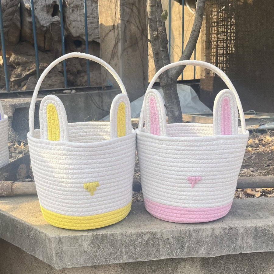 Easter Egg Handwoven Cotton Basket with Cartoon Rabbit Design – Multi-Color Storage Bag