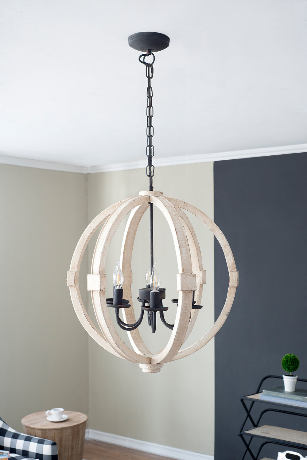 White Wooden Chandelier with Adjustable Chain for Kitchen Dining Room