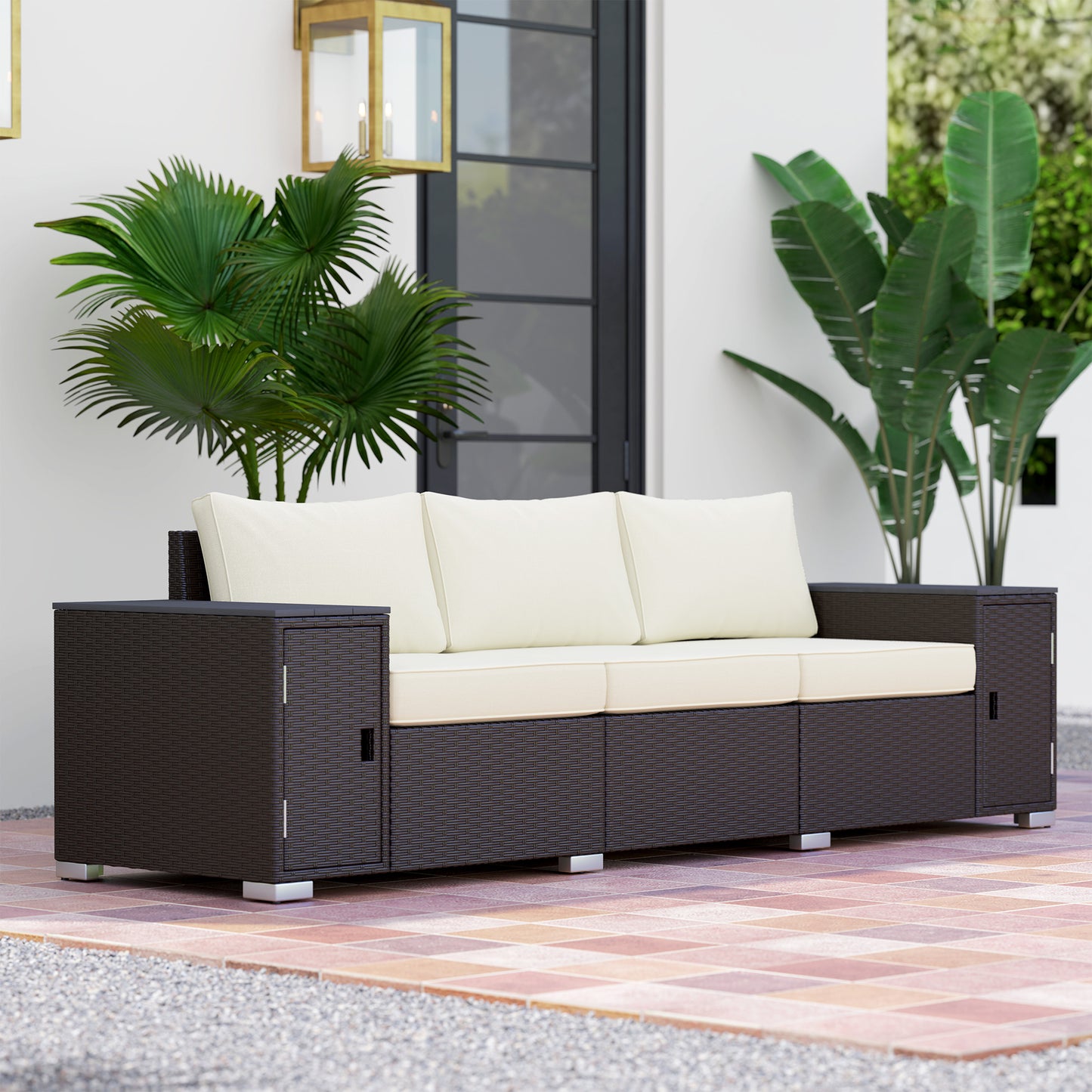 Outdoor 3-Seater Wicker Patio Sofa with Storage & Cushions - Cream White