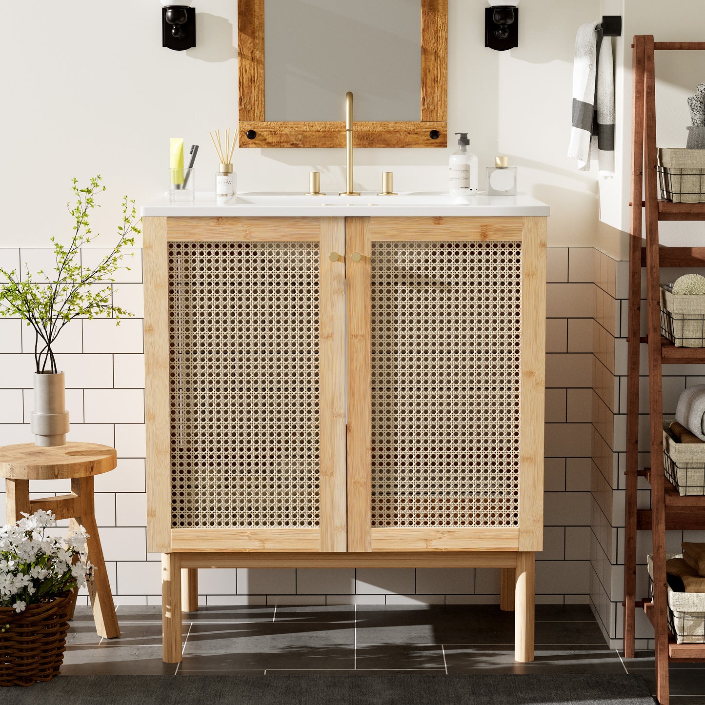 30-Inch Bathroom Vanity with Handmade Rattan Doors - Wood