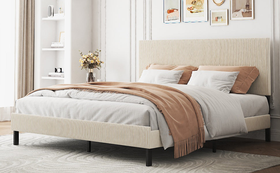King Platform Bed Frame with Upholstered Headboard - Beige