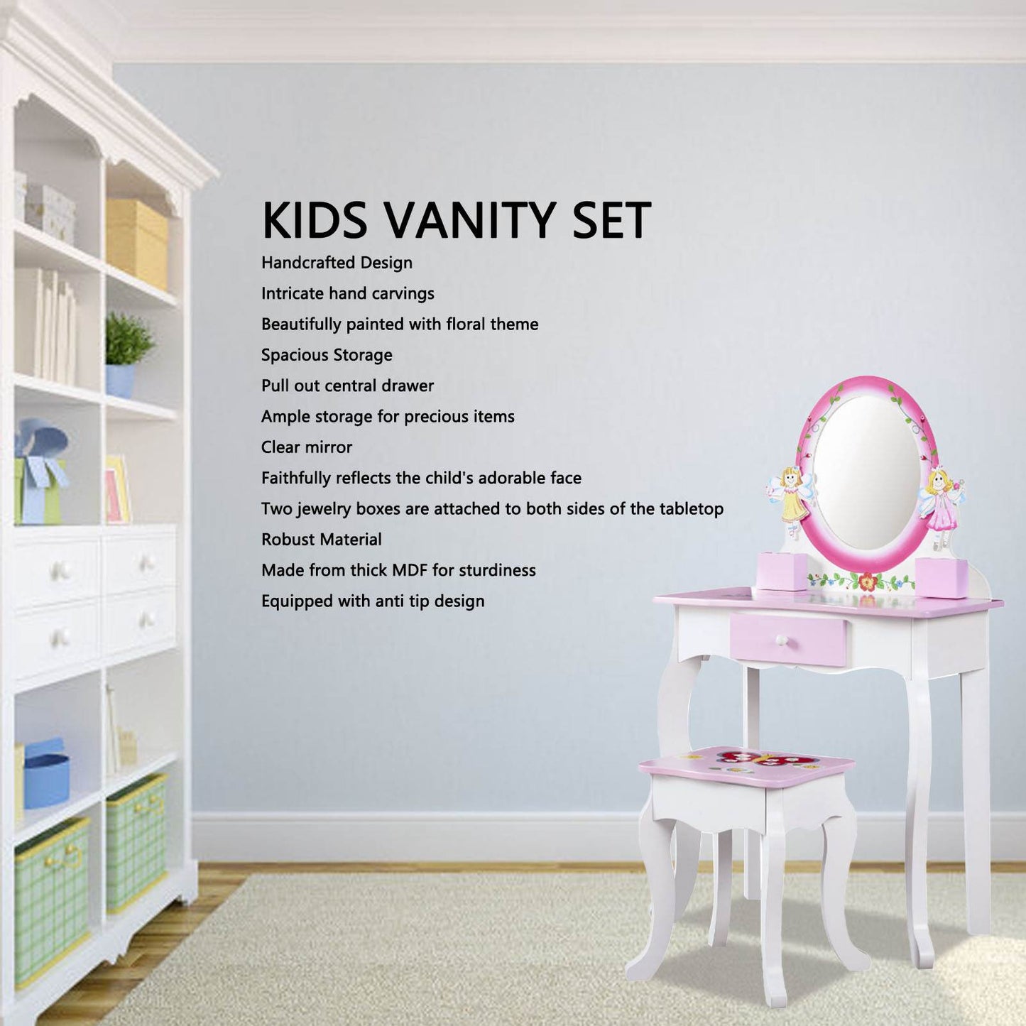 Kids Vanity Set Floral Printed Wooden Makeup Dressing Princess Table