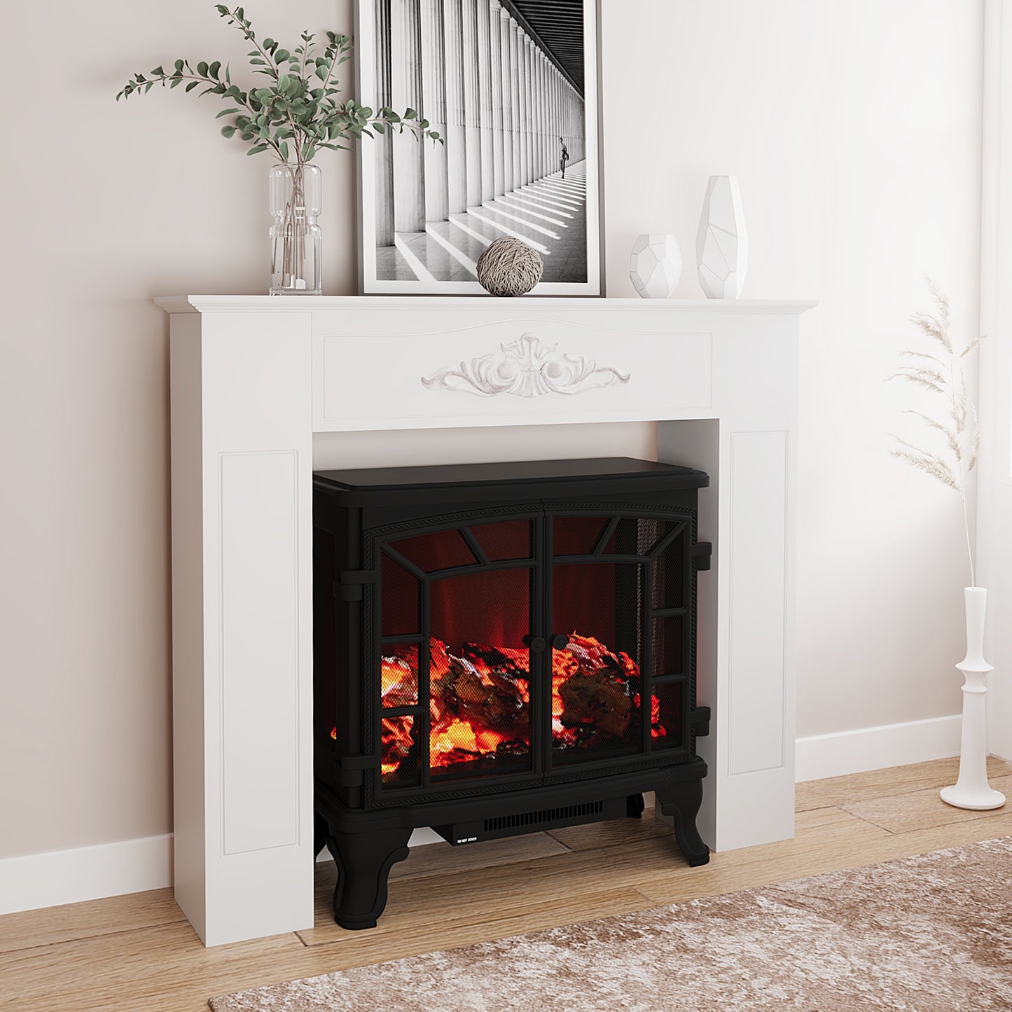 Freestanding Fireplace Surround with Leg - Modern White Mantel for Electric Fireplaces, 44.7" W x 40" H
