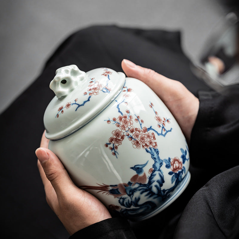 Ceramic Teapot with Blue and White Design & Storage Jar - Household Kitchen Decor