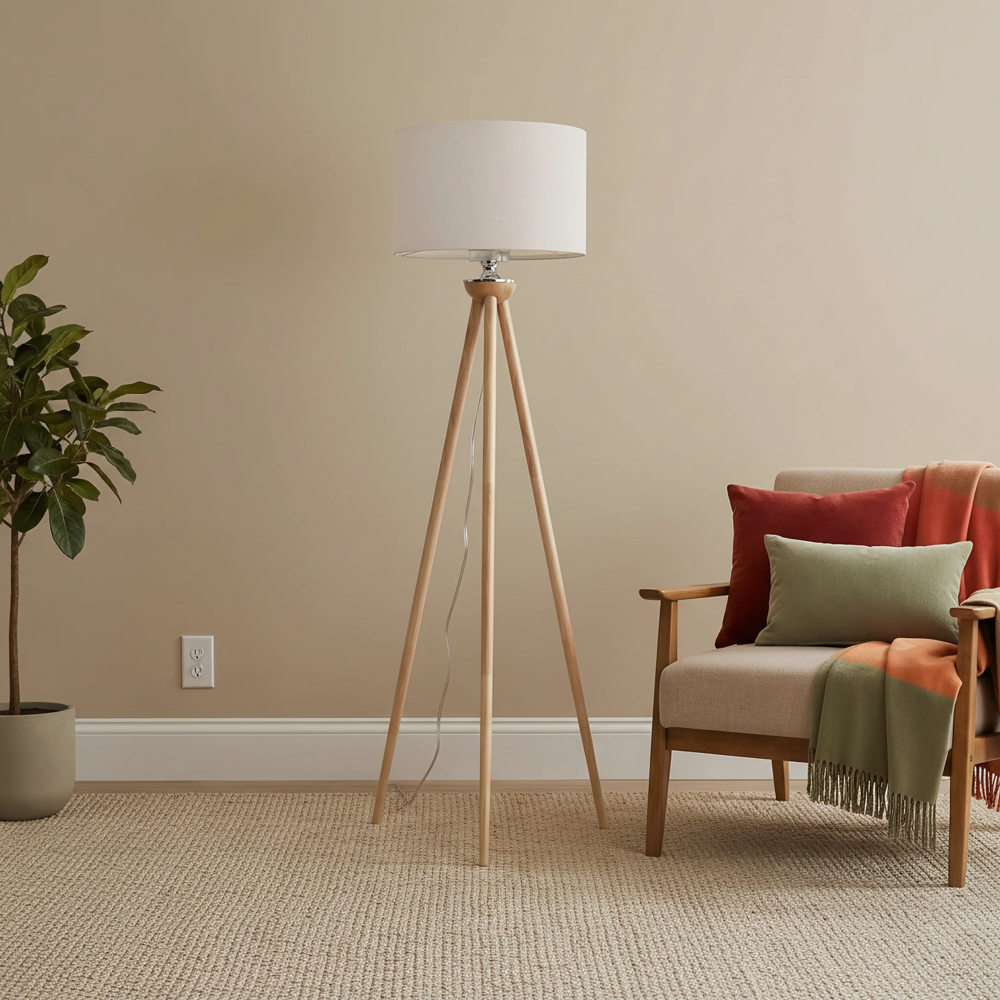 Tall Corner Floor Lamp - Energy Efficient LED Wooden Light - Brown