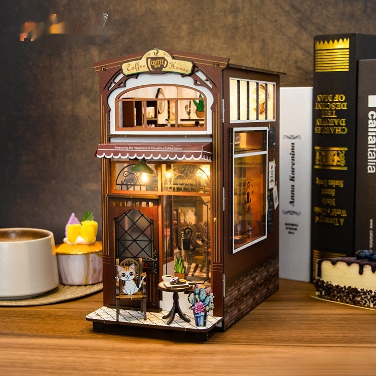 Mini Wooden Cafe Building Model Kit with LED Light - Creative Home Decor