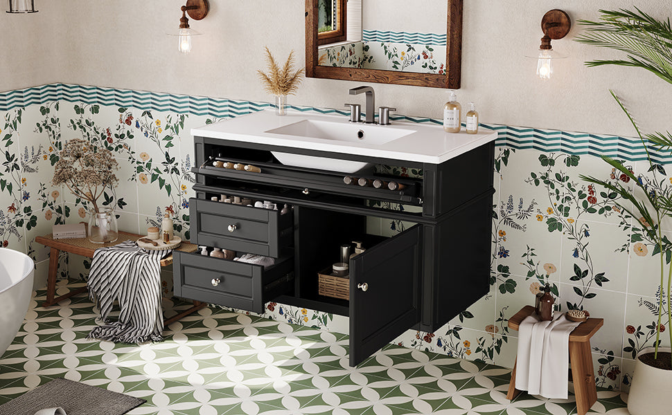 36-Inch Wall Mounted Bathroom Vanity with Ceramic Sink - Black