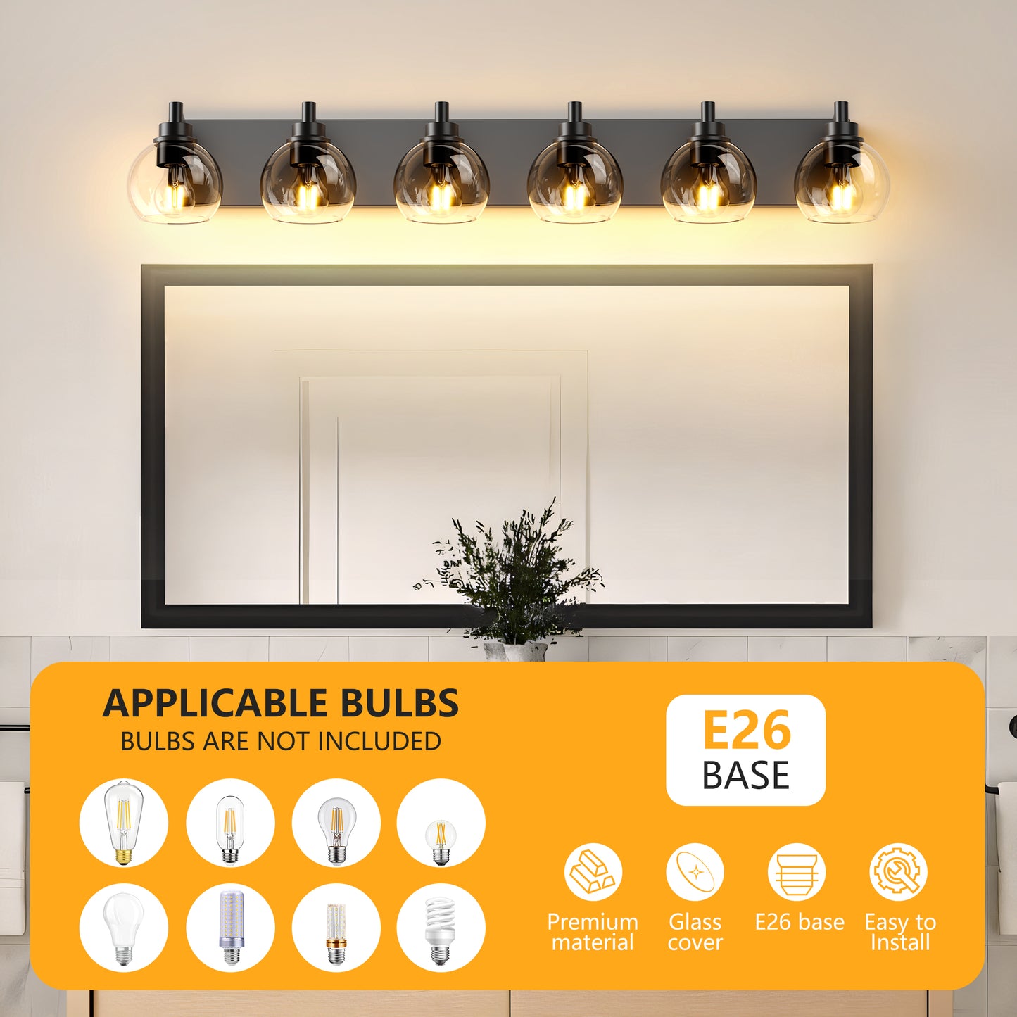 6-Light Bathroom Vanity Light Fixture - Rustic Black Glass Shade