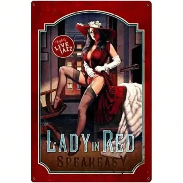 Vintage Pin Up Girl Metal Tin Sign - Sexy Lady in Red, 8x12