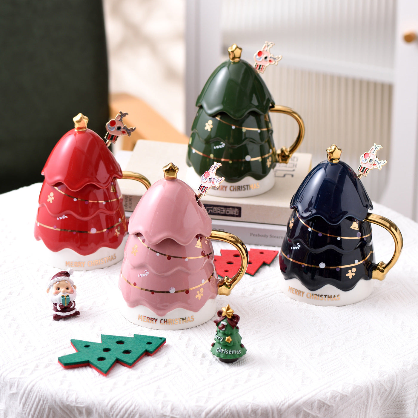 Christmas Tree Mug with Lid and Spoon - Holiday Ceramic Drinkware
