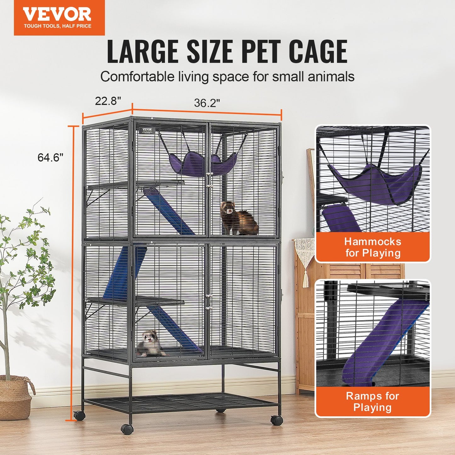Small Animal Cage 4-Tier Metal Ferret Enclosure with Ramps and Tray - Black