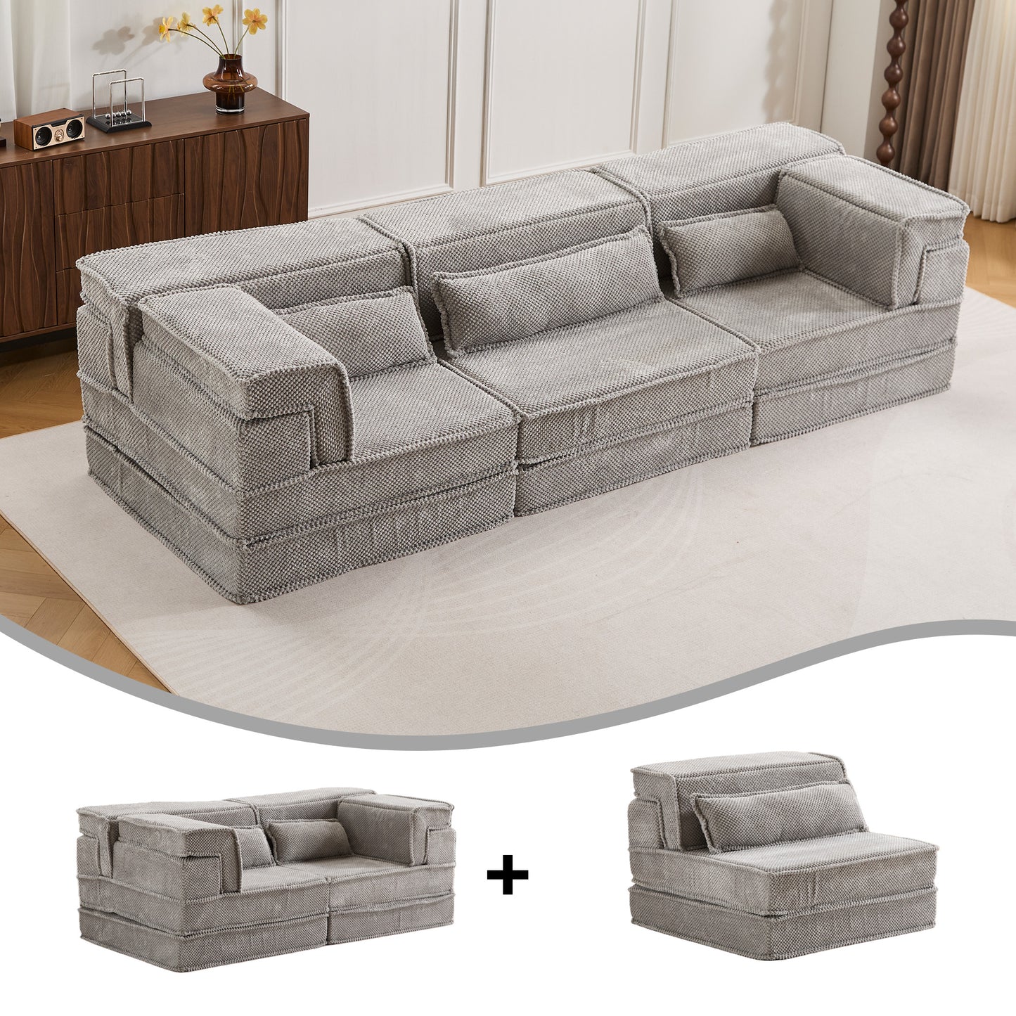 Convertible Modular Floor Sofa Bed - Light Grey 3-Seater with Pillows
