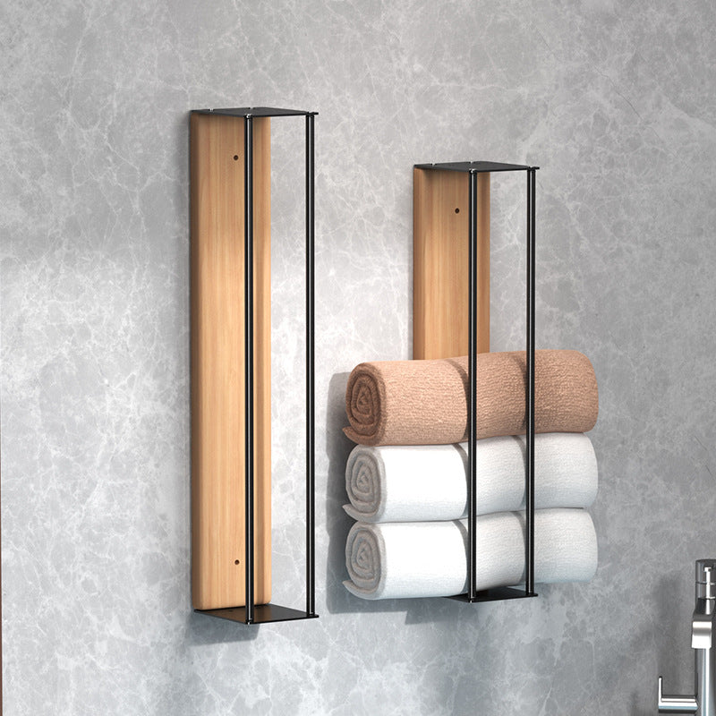 Wooden Wall-Mounted Metal Towel Rack Bathroom Storage Black 40cm 50cm