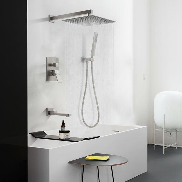 Rain Shower Head System with Bathtub Faucet Set and Handheld Spray - Brushed Nickel, 3-Function