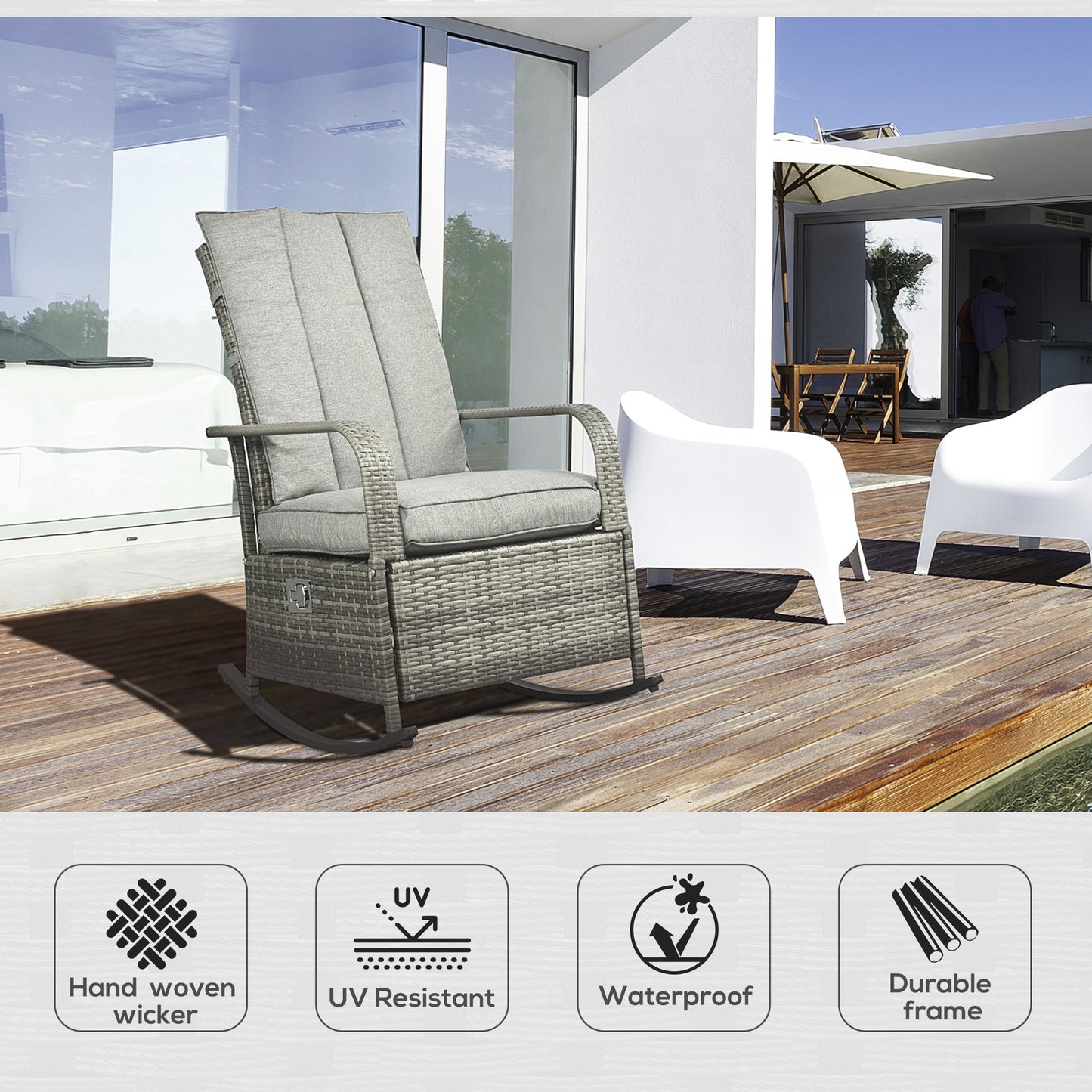 Gray PE Rattan Rocking Recliner with Adjustable Footrest