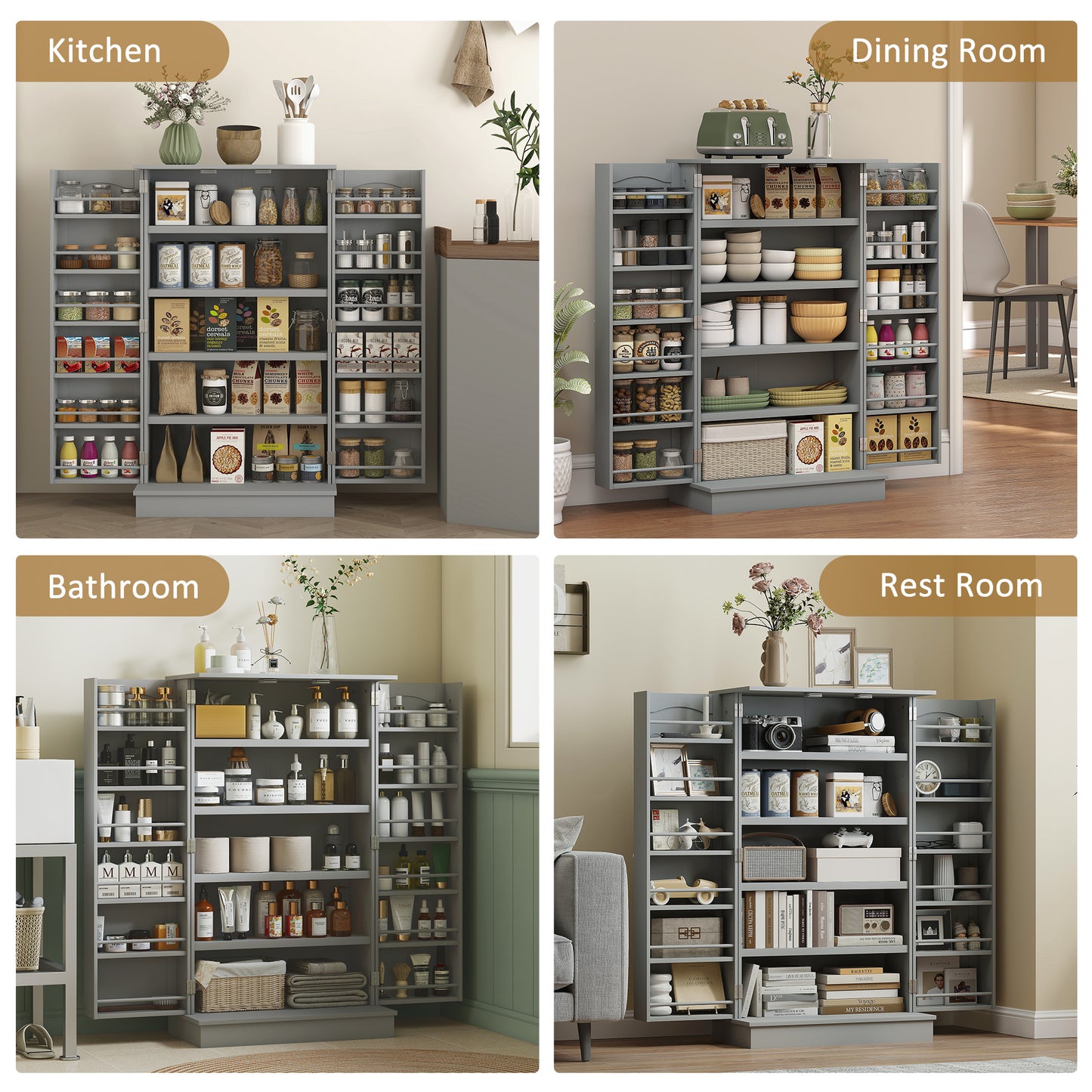 Freestanding Kitchen Pantry Cabinet with 12 Door Shelves - Gray
