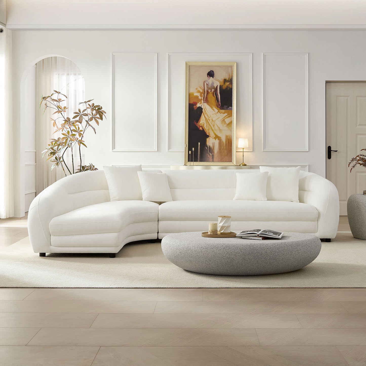 125 Inch Curved L-Shaped Modular Sofa with Comfort Pillows - White