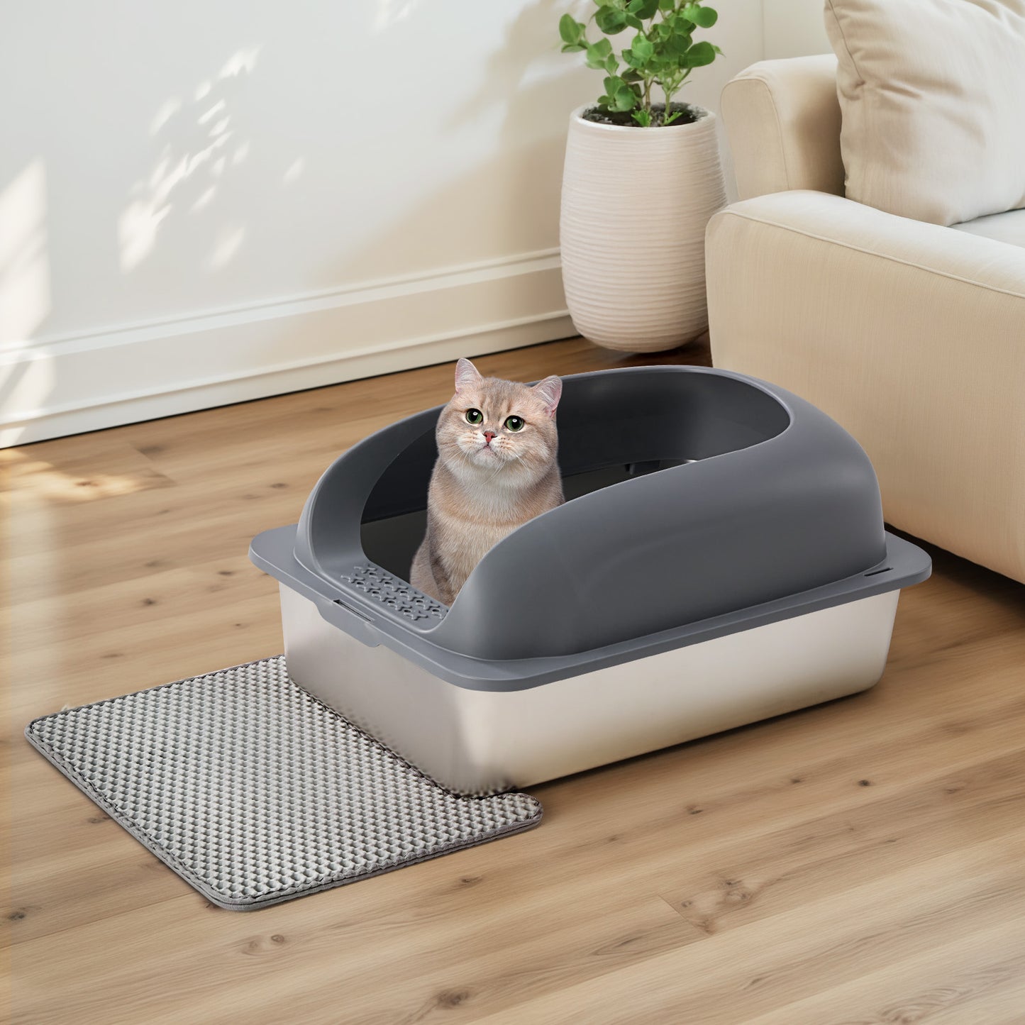 Large Stainless Steel Cat Litter Box with Lid, Odor-Free, Easy to Clean, Includes Scoop & Mat