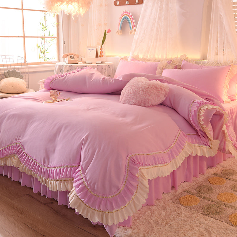 Luxury Four-Piece Lotus Leaf Lace Bed Sheet Duvet Cover Set with Bed Skirt