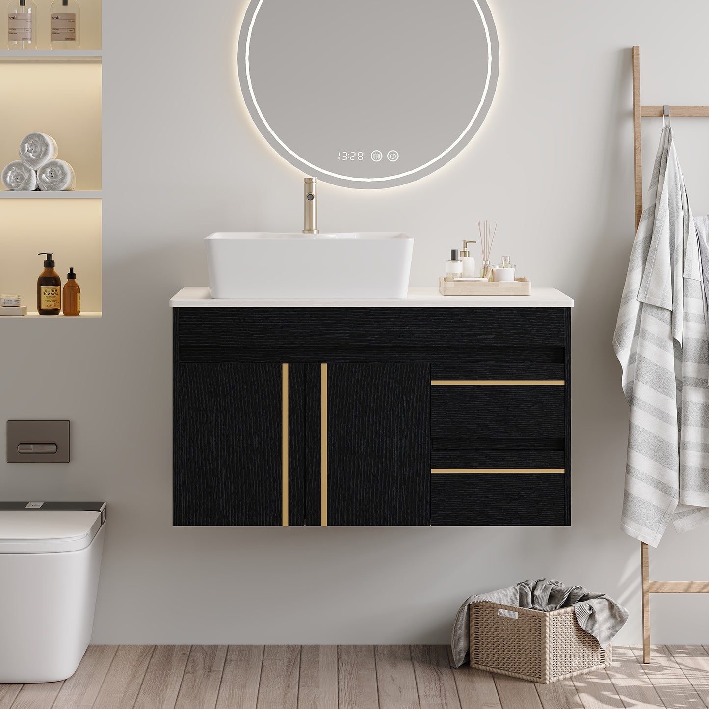 36" Wall-Mounted Bathroom Vanity with Vessel Sink & Plywood Countertop - Soft-Close Drawers & Floating Design