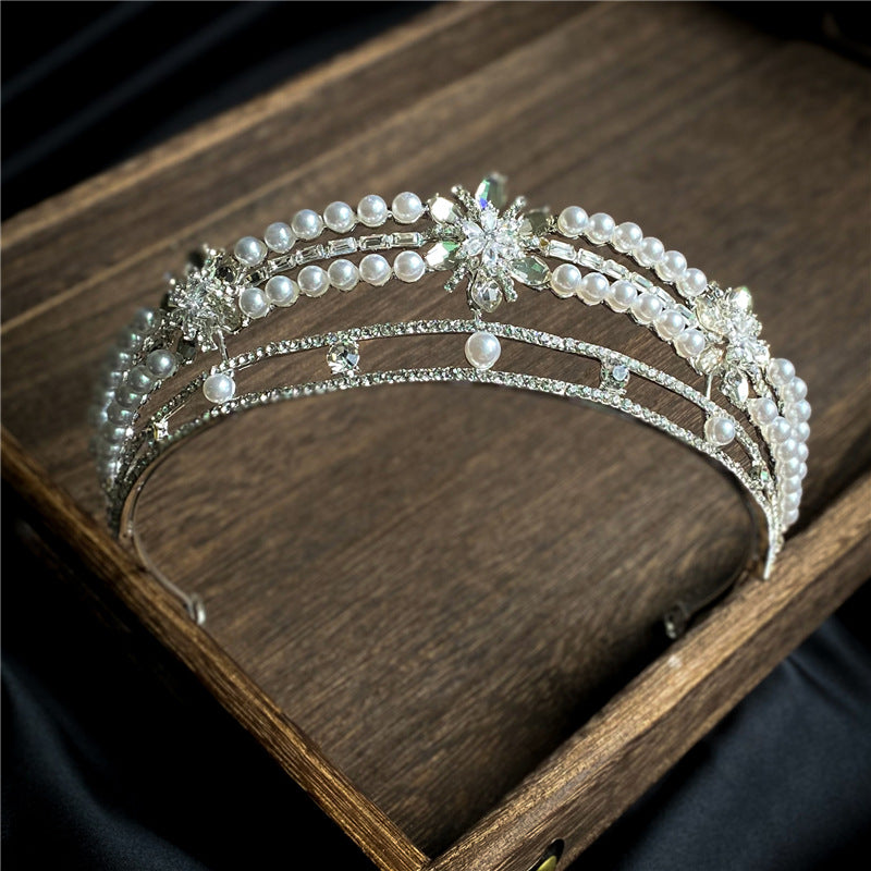 Pearl Rhinestone Crown Headband - Silver